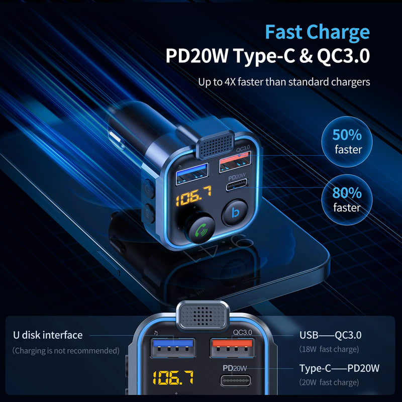 UNBREAKcable Bluetooth 5.0 FM Transmitter for Car, [PD 20W + QC 3.0] [Stronger Microphone & HiFi Bass Sound] Cigarette Lighter Radio Music Adapter Charger, Supports Hands-Free Siri Google Assistant