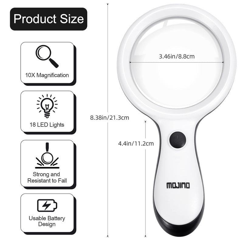 Magnifying Glass with Light, MOJINO 10X Lighted Large Handheld Reading Magnifier Glasses with 18 LED Lights for Macular Degeneration, Seniors & Kids Reading, Inspection, Coins, Jewelry, Exploring White