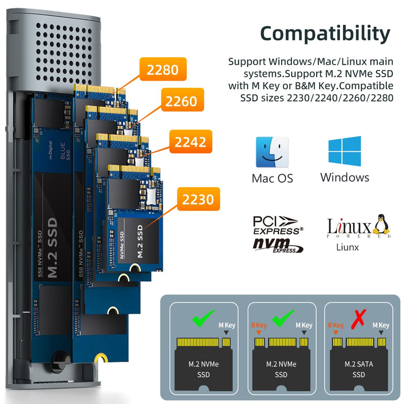 MAIWO M.2 NVME SSD Enclosure USB 3.2 Gen 2 (10 Gbps) to NVME PCI-E M-Key Adapter M.2 Solid State Drive External Enclosure Support UASP Trim Support NVMe PCIe 2230/2242/2260/2280 2TB