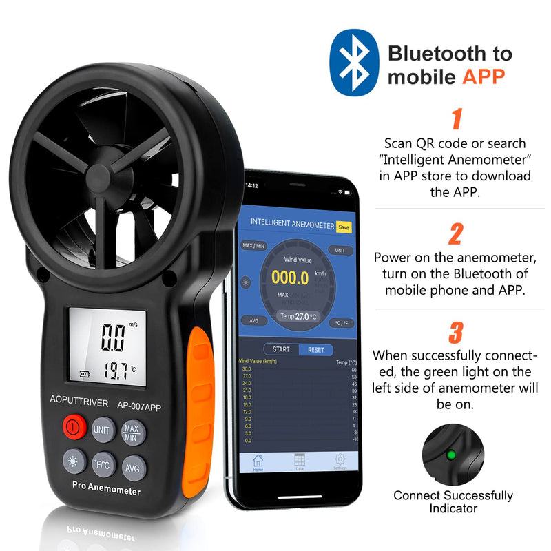AOPUTTRIVER Bluetooth Anemometer AP-007APP Handheld Anemometer Wind Speed Meter Measuring Wind Speed/Temperature with Backlit and Max/Min/AVG for Shooting, Sailling, Flying, Climbing, HVAC