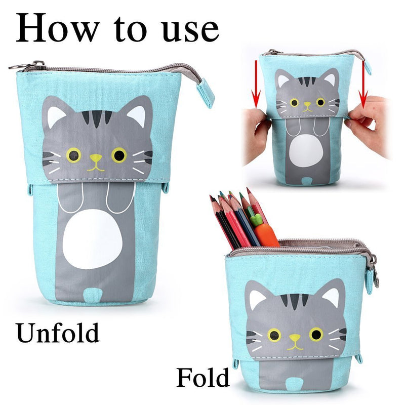 Telescopic Pencil Pouch Standing Pen Holder Cute Pencil Bags Stand Up Pen Case Cartoon Pencil/Pens Storage Box Canvas+PU Stationery Organizer Makeup Bag with Zipper Closure (Blue) Blue