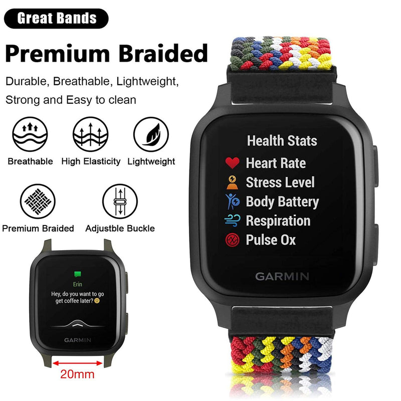 Abanen for Garmin Venu Sq / Vivoactive 3 Braided Loop Watch Bands, 20mm Elastic Soft Stretchy Nylon Wristband Strap with Adjustable Clasp for Garmin Venu/Vivomove 3,Approach S40 Multicolor