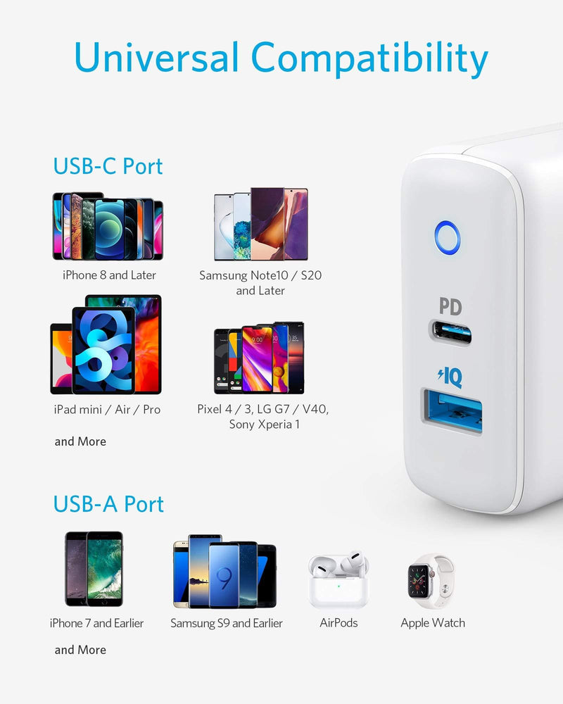 USB C Charger, Anker 32W 2 Port Charger with 20W USB C Power Adapter, PowerPort PD 2 with Foldable Plug for iPad Pro, iPhone 12/12 Pro / 12 Mini / 11/ XS/Max/XR/X, Pixel, Galaxy, and More WHITE