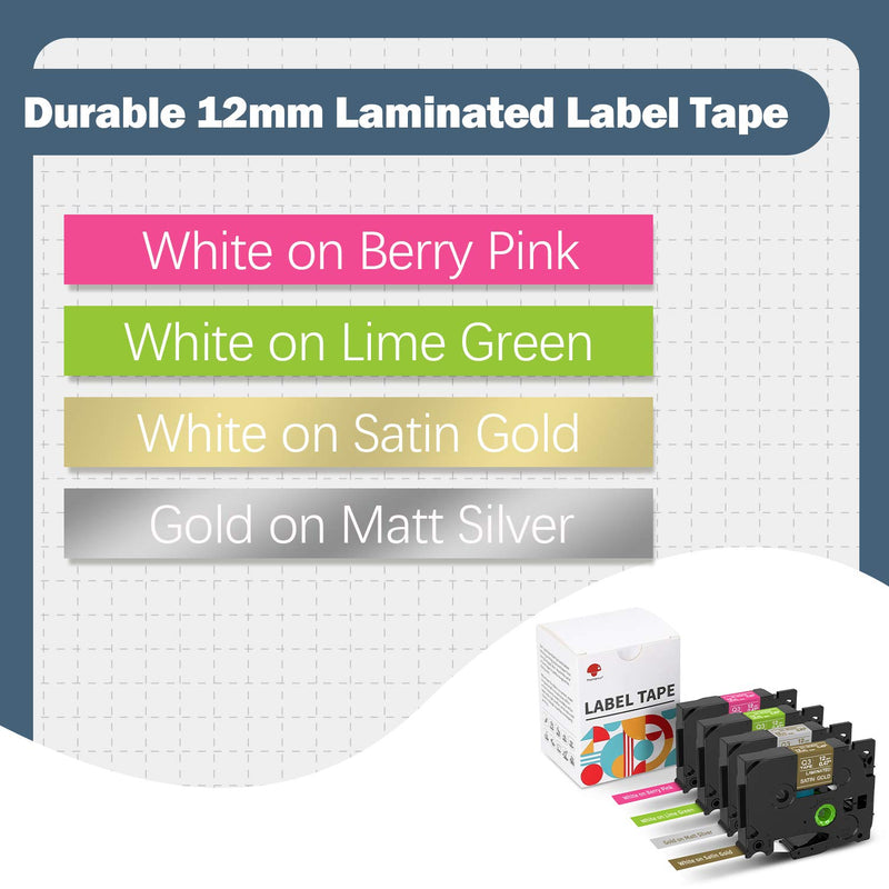 Phomemo Compatible Label Tape Matte Replacement for Brother TZe, TZ Laminated P-Touch PTD600, PTP710BT, PTH110, PT-D200 Label Maker(0.47" x 26.2')12mm, Gold on Silver, White on Green, Pink&Gold 4 Pack