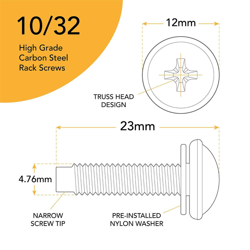 10/32 Rack Screws Carbon Steel with Nylon Rack Washers (50 Sets) for Server Rack Mounts, Audio Racks, Mounting Hardware and Rack Rails. Rackmount Equipment for Recording Studios and Shelf Racks