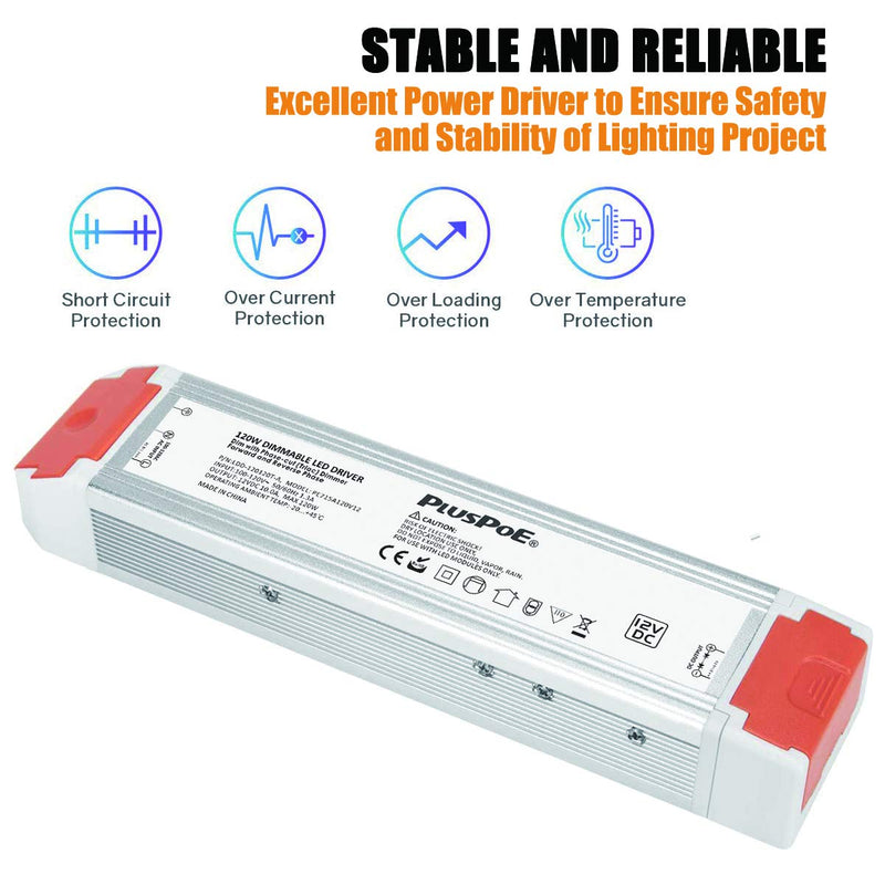 12V120W LED Dimmable Driver, PLUSPOE 12V Dimming LED Power Supply Low Voltage Transformer Compatible with 2-3 Way Wall Dimmer, Quiet Operation Aluminum Alloy Housing. 12V120W Dimmable