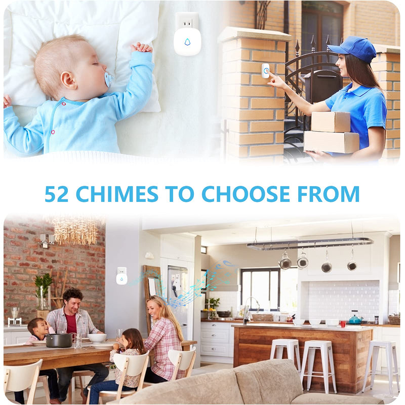 SECRUI Wireless Doorbell, Mini Door Bell with 58 Chimes 5 Volume Levels, 1 Waterproof Button 2 Plug in Receiver, White Doorbell with Led Blue light for Home/Classroom/Office 1 Push Button 2 Receivers