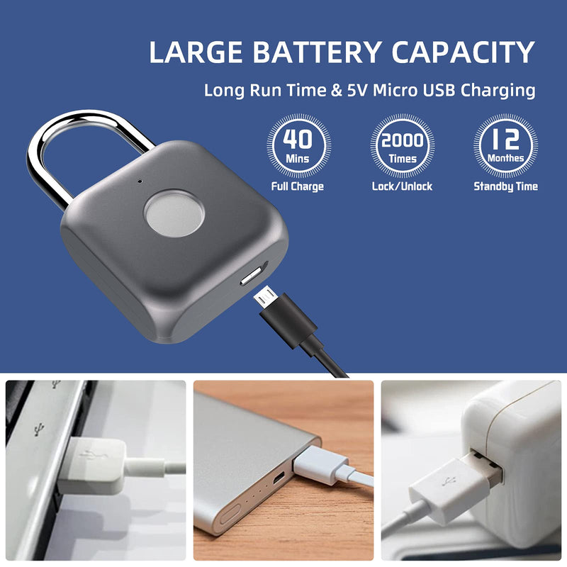 Pothunder Fingerprint Padlock, Smart Padlock, Locker Lock, Biometric Metal Keyless Thumbprint Lock, Waterproof, USB Rechargeable, for Gym Locker, School Locker, Luggage, Backpack, Suitcase(Gray) Gray