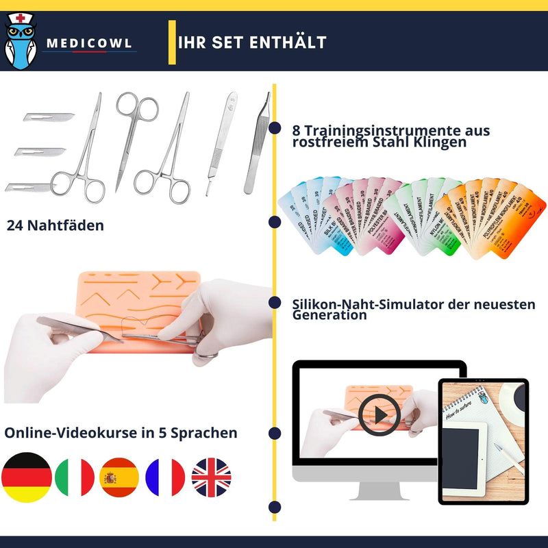 Seam training set | Suturing training + wound suturing video course in German | 33 pieces in a compartment case | Silicone seam simulator || Wound suturing practice set | Ideal Gift for Medical Students (Black) Black
