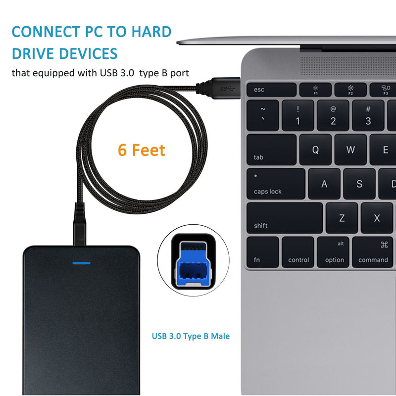 USB 3.0 A to B Cable, Besgoods 2-Pack 6ft Extra Long Braided USB 3.0 Cable A Male to B Male Cable Cords - Black