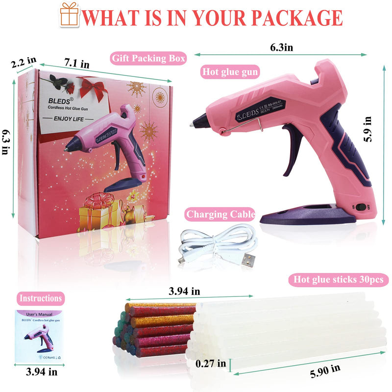 Cordless Hot Glue Gun, BLEDS USB Rechargeable Glue Gun with 30 Pcs Glue Sticks Stand-Up Hot Melt Glue Gun Battery Charged Cordless Glue Gun For Craft, Decor, DIY, Art (Patented)