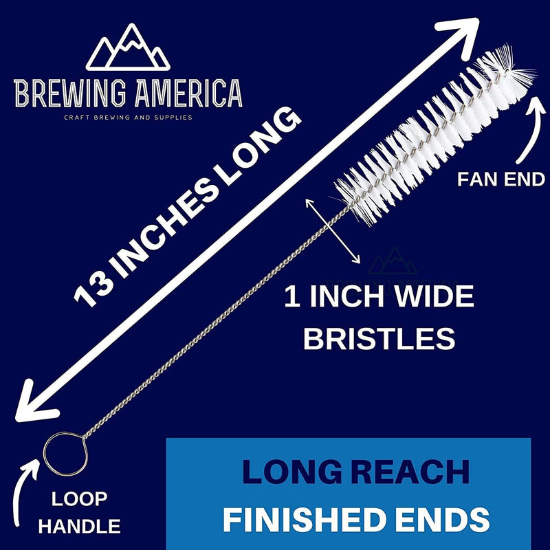 Cylinder Tube Brush with Fan End for Tip Cleaning, Nylon with Long Handle, Wire Loop End, 13" Long for Deep Reach