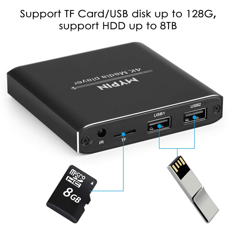 4K Media Player with Remote Control, Digital MP4 Player for 8TB HDD/ USB Drive / TF Card/ H.265 MP4 PPT MKV AVI Support HDMI/AV/Optical Out and USB Mouse/Keyboard-HDMI up to 7.1 Surround Sound (Black) Black