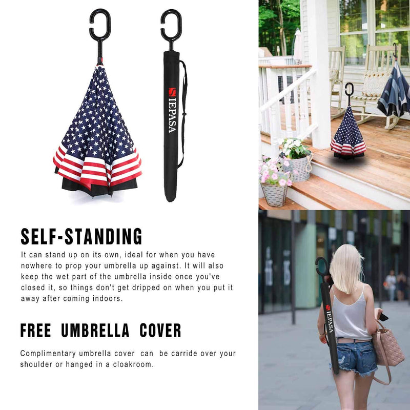 Spar. Saa Double Layer Inverted Umbrella with C-Shaped Handle, Anti-UV Waterproof Windproof Straight Umbrella for Car Rain Outdoor Use American Flag