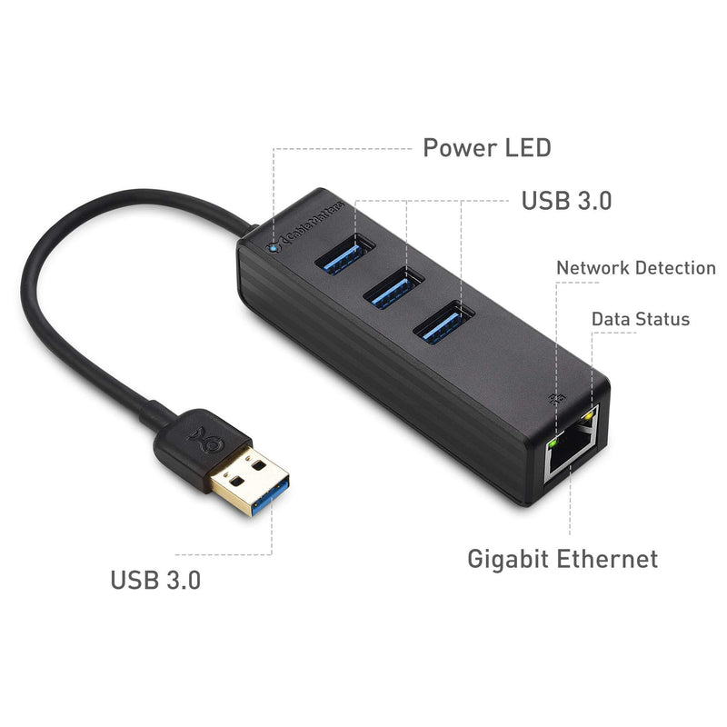 Cable Matters 3 Port USB 3.0 Hub with Ethernet (USB Hub with Ethernet, Gigabit Ethernet USB Hub ) Supporting 10/100/1000 Mbps Ethernet Network in Black