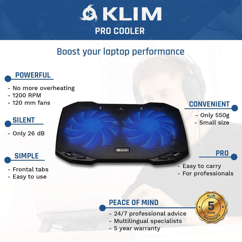 KLIM Pro - The Laptop Cooling Pad for Professionals + Light, Compact, Easy to Carry, Durable + 10â€ to 15,6â€ + Extra USB Port + Laptop Cooler with Fans + New 2021 Version - Black