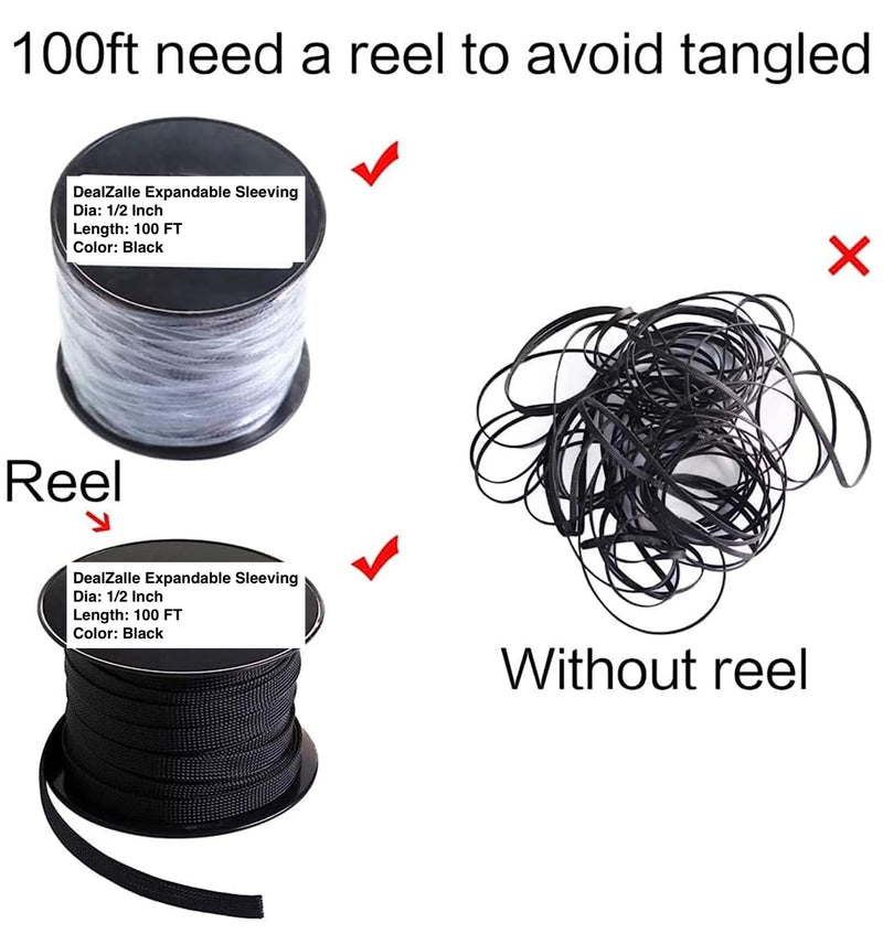 100ft - 1/2 inch PET Expandable Braided Sleeving Black Cable Sleeve