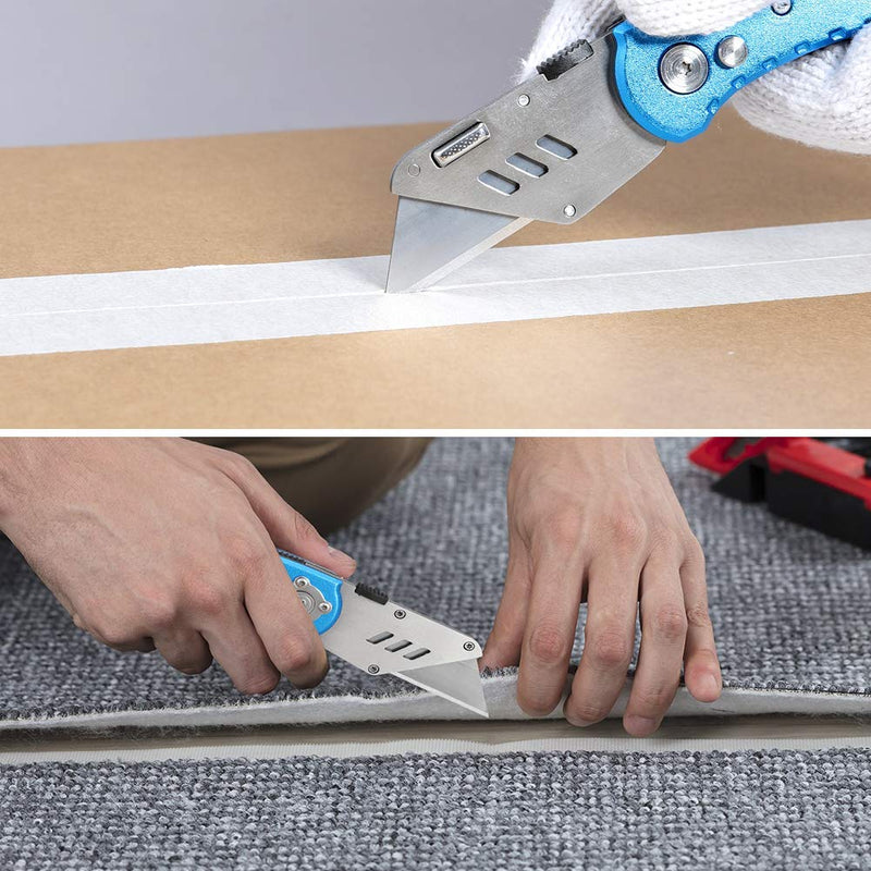 Folding Utility Knife Heavy Duty Box Cutter with 5 SK5 Quick Change Blades, Safety Axis Lock Design Razor Knife, Lightweight Aluminum Body Belt Clip for Office Blue