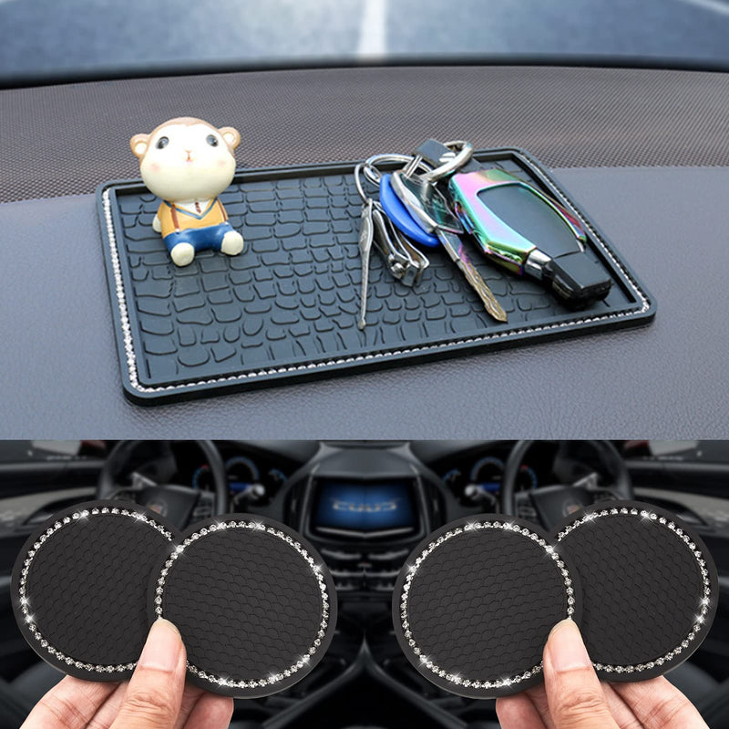 5pcs/Pack Universal Vehicle Bling Car Non Slip Mat, BetterJonny Anti-Slip Car Dash Grip Pad with 4 Pack Car Coasters for Cup Holders Non-Slip PVC Pad Crystal Rhinestone Mat for Car (Crystals)