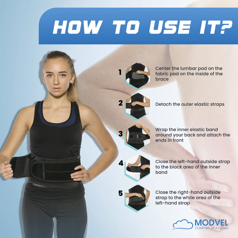 MODVEL Back Brace - Immediate Relief from Back Pain, Herniated Disc, Sciatica, Scoliosis | FSA or HSA eligible | Breathable Waist Lumbar Lower Back Support Belt with Removable Pad. Black Small/Medium/Large
