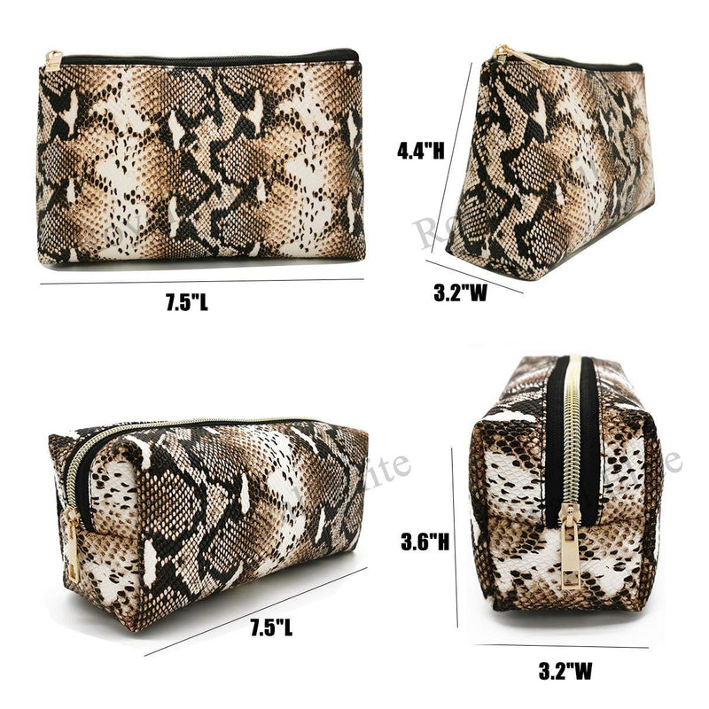 2 Pack Makeup Bag Organizer Set Portable Large Cosmetic Pouch Travel Brush Holder PU Handbag with Gold Zipper Pencil Storage Case for Women Purse,Snake Skin Snake skin