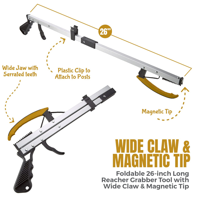 MEDca Reacher Grabber Pickup Tool - Wide Claw Arm Gripping Device with Magnetic Tip | Lightweight & Durable | Indoor and Outdoor Extender Reaching Mobility Aid | Trash Picker 26”