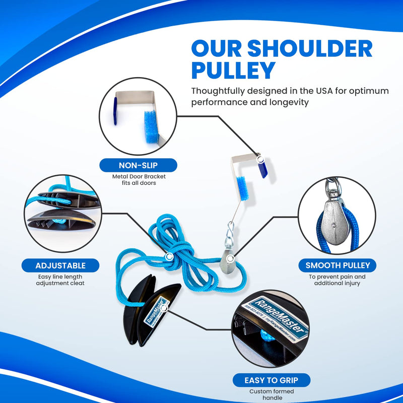 RangeMaster BlueRanger Shoulder Pulley with Patient Guide │ Aids Recovery and Rehabilitation │ Helps Enhance Pain Free Range of Motion │ Adjustable, Metal Bracket Door Attachment Blue