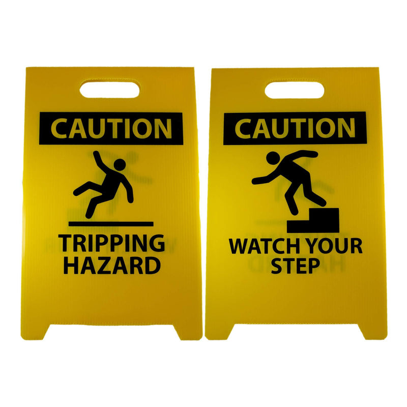 NMC FS36 CAUTION TRIPPING HAZARD Sign with Graphic - 12 in. x 19 in. Corrugated Plastic, Double-Sided Floor Sign with Black on Yellow