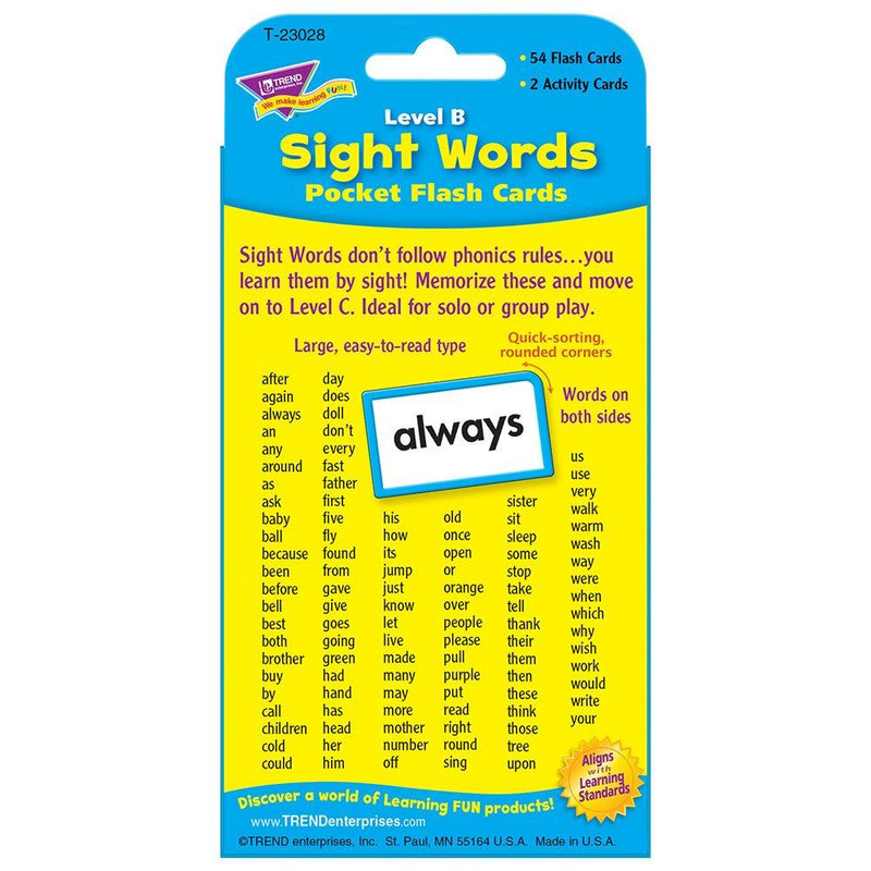 TREND ENTERPRISES, INC. Sight Words Level B Flash Cards, 3.1" x 5.3", count of 56