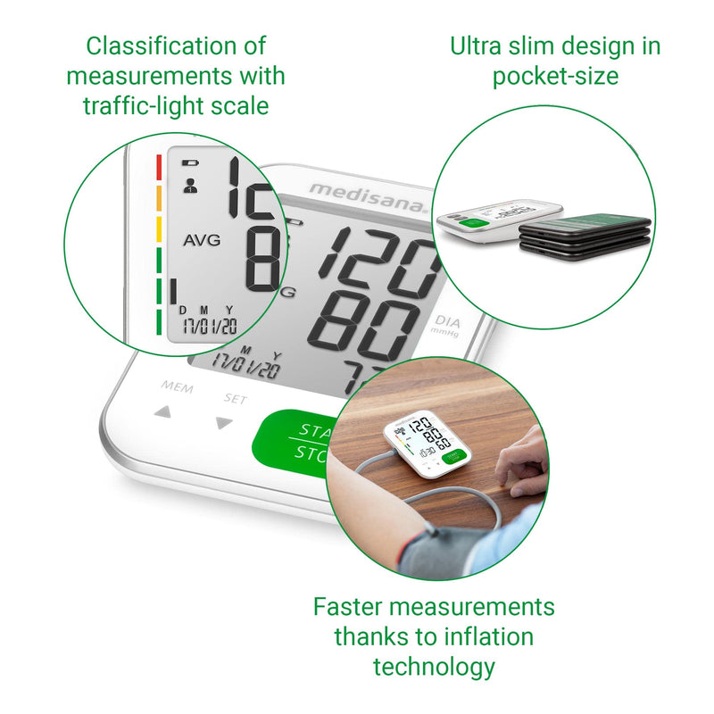 medisana BU 565 blood pressure monitor for the upper arm, precise blood pressure and pulse measurement, memory function, large display for easy reading, traffic light scale, arrhythmia detection & warning