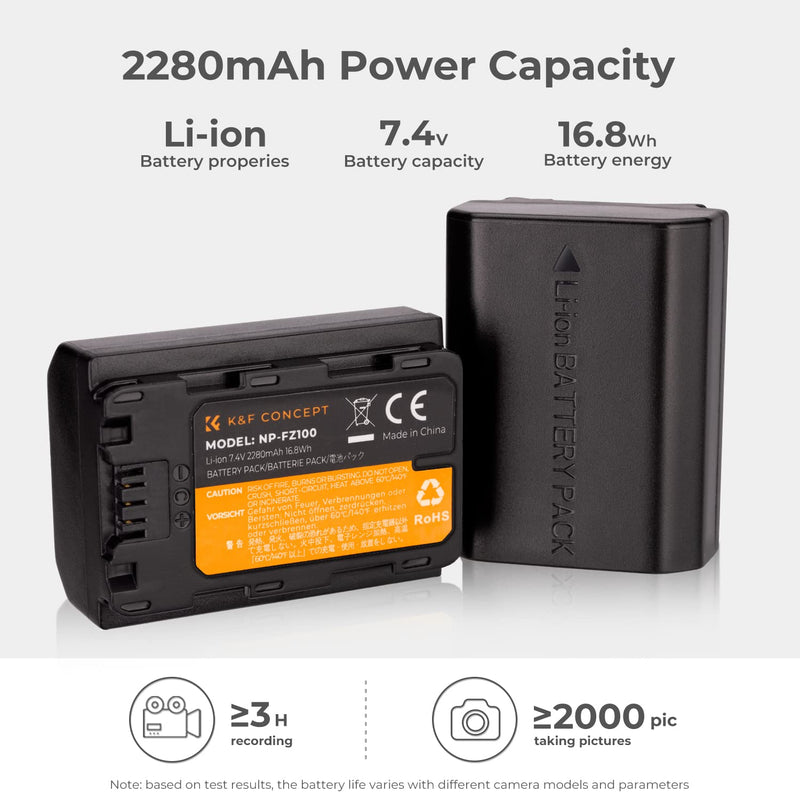 K&F Concept NP-FZ100 Battery and Dual Slot Charger Set for Sony ZV-E1, FX3, FX30, A7C, A7 III, A7R III, A7R IV, A9, A6600, Alpha 9, Alpha 9S, A9S, A7III, A7R3, A7R4 Camera Batteries, 2280mAH