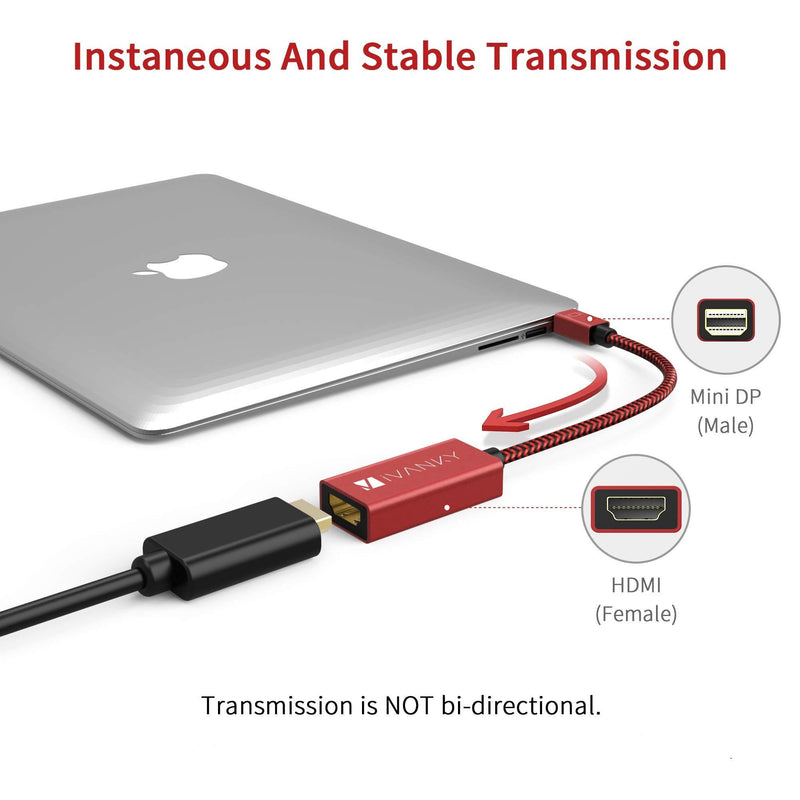 4K Mini DisplayPort to HDMI Adapter - iVanky 4K@60Hz [Super Slim, Nylon Braided, Aluminum Shell] Mini DP to HDMI Adapter for MacBook Air/Pro, Surface Pro/Dock/Book, Monitor, Projector, More - Red