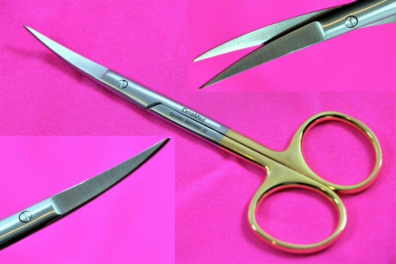 Premium German Iris Supercut Micro Dissecting Scissors Curved 4.5" with Tungsten Carbide Inserts Gold Handle (Curved Blades) CURVED BLADES
