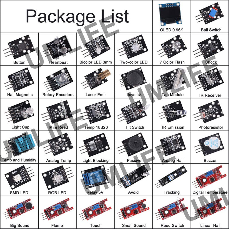 UMLIFE 38 in 1 Sensor Module Kit Project Super Starter Kits for UNO R3 Mega2560 Mega328 Nano Raspberry Pi 3 2 Model B K62 37 in 1 Sensor Modules + 0.96‘’ 4PIN OLED Compatible for Arduino Raspberry