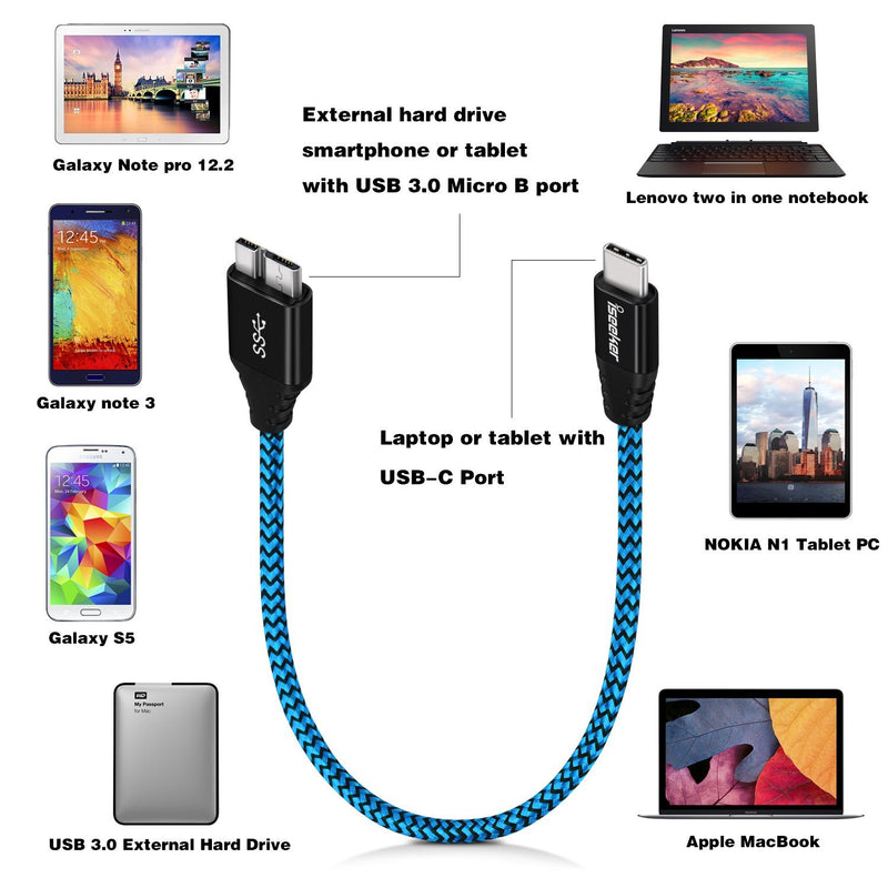 Type C to Micro B Cable, iSeekerKit USB 3.0 USB-C to Micro USB 1Ft Charge & Data Sync Cable Compatible for Samsung Galaxy S5/ Note 3, Toshiba Canvio, WD External Hard Drive Red&Blue