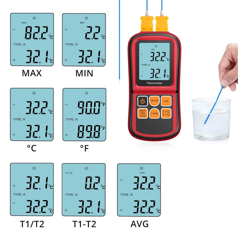 Kamtop Digital Thermometer Dual Channel Thermometer with Two K- type Thermocouples Temperature Meter with LCD Backlight for K/ J/ T/ E/ R/ S/ N Thermocouple
