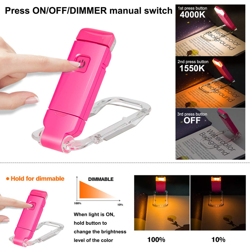 LUXSWAY USB Rechargeable Book Light for Reading,Small Book Reading Light in Bed,Wireless Clip On Bookmark Kids Light for Bed,Brightness Adjustable for Eye Care,2 4000K and 2 1550K LEDs for Bookworms Magenta