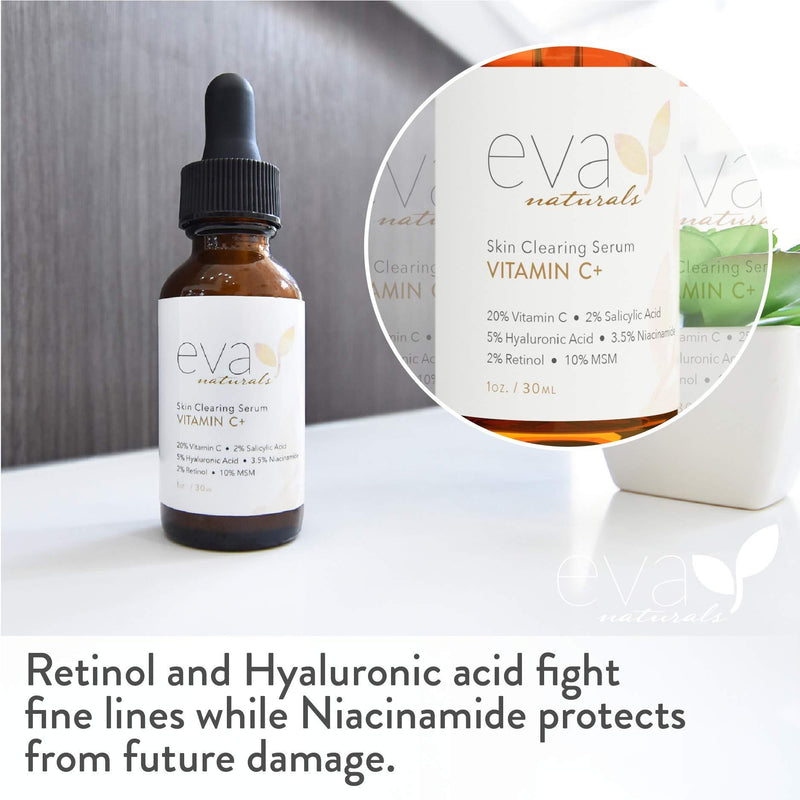 Eva Naturals Vitamin C Serum Plus 2% Retinol, 3.5% Niacinamide, 5% Hyaluronic Acid, 2% Salicylic Acid, 10% MSM, 20% Vitamin C - Skin Clearing Serum - Anti-Aging Skin Repair, Face Serum (1 oz) 1 Ounce (Pack of 1)