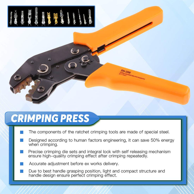 Glarks 486Pcs Wire Crimper Plier with Connector Set, SN-28B Ratchet Crimping Tool with 485Pcs 2.54mm 1 2 3 4 5 6 7 Pin Housing Connector Male Female Pin Header Crimp Connector for AWG28-18 Dupont Pins