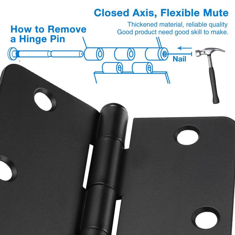 18 Pack Matte Black Door Hinges 3.5 Inch x 3.5" 1/4" Radius Interior Door Hinges Black Matte 3-1/2 Door Hinges for Doors Bedroom Small Rounded Conner Standard Bifold Residential Door Hinge Hardware 18 Pack