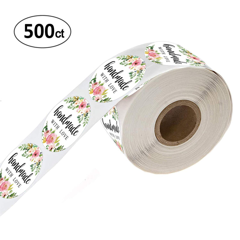 1.4 Inch Floral Handmade with Love Stickers, Homemade with Love Stickers, 500 Round Adhesive Label Stickers, Packaging Stickers Perfect for Baking, Craft Project, Gift Package Decoration.