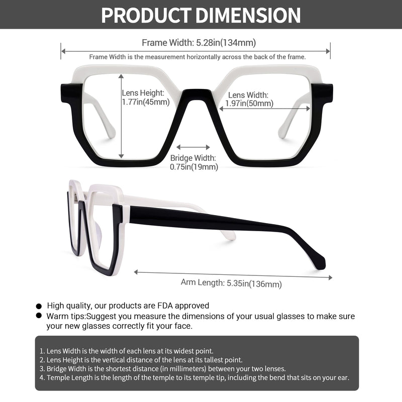 VOOGLAM Square Blue Light Blocking Glasses for Women Men Anti UV Eyestrain Eyewear Mixon Black-white Clear