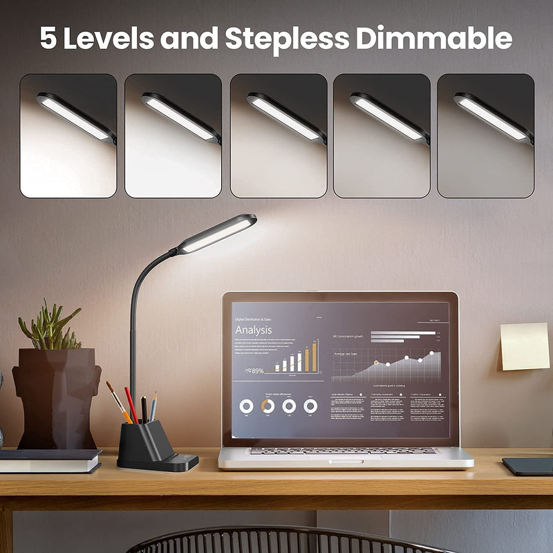 LED Desk Lamp with USB Charging Port, AXX Desk Lamps for Home Office, Small Desk Light for Desktop, Office Lamp for Desk Reading, Black, 650LM, Gooseneck, Pen Holder, Study Lamps for College Dorm Room