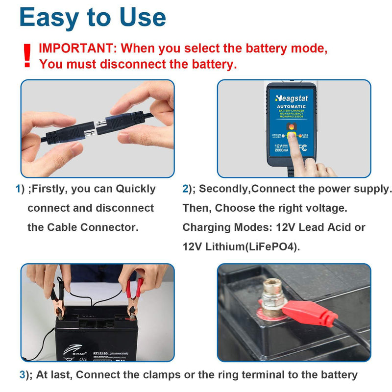 Heagstat Battery Charger, 12V 2-Amp Fully-Automatic Smart Charger, Trickle Charger, Battery Maintainer, for Car Motorcycle Lawn Mower Boat ATV Lead Acid or Lithium(LiFePO4) Batteries 2A 12V Blue