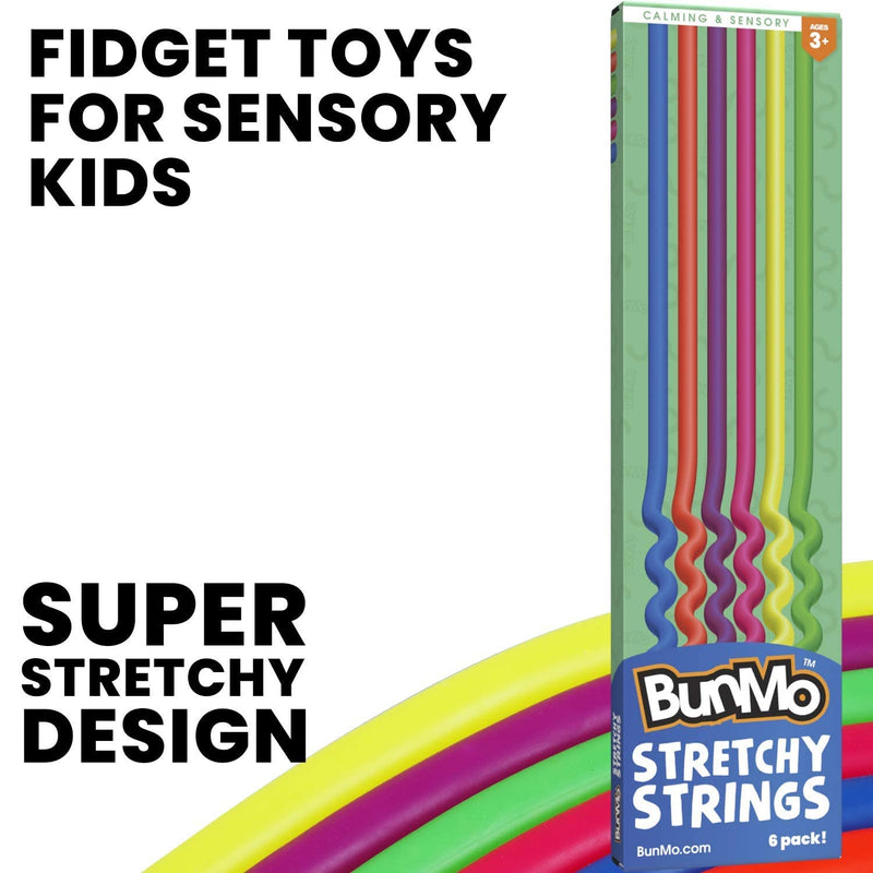 BunMo Stretchy Strings Fidget Toys 6PK - Calming Stocking Stuffers Stress and Anxiety Toys - Ideal Boys Stocking Stuffers or Girls Stocking Stuffers Stretchy Strings 6PK - Regular