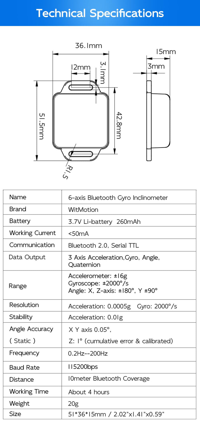 [Bluetooth Accelerometer + Inclinometer] BWT61CL MPU6050 High-precision 6-axis gyroscope + angle (XY 0.05° accuracy) + acceleration with Kalman filter, 100 Hz Highly stable 6DOF data logger