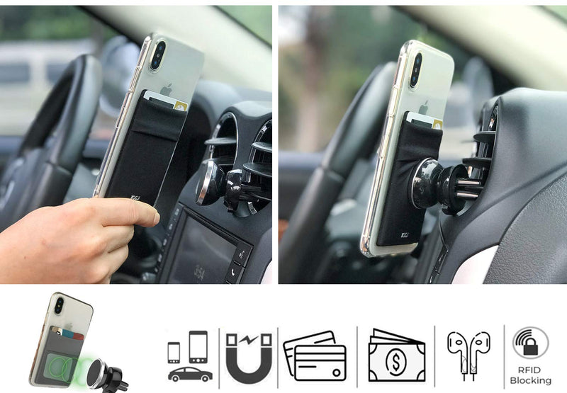 [2pc] 3 in 1 RFID Blocking Metal Plate Phone Card Wallet - Double Secure Pocket - Mounts to Magnets -Self Adhesive Credit Card Holder Phone Wallet Sticker for All Smartphones(Black) Black