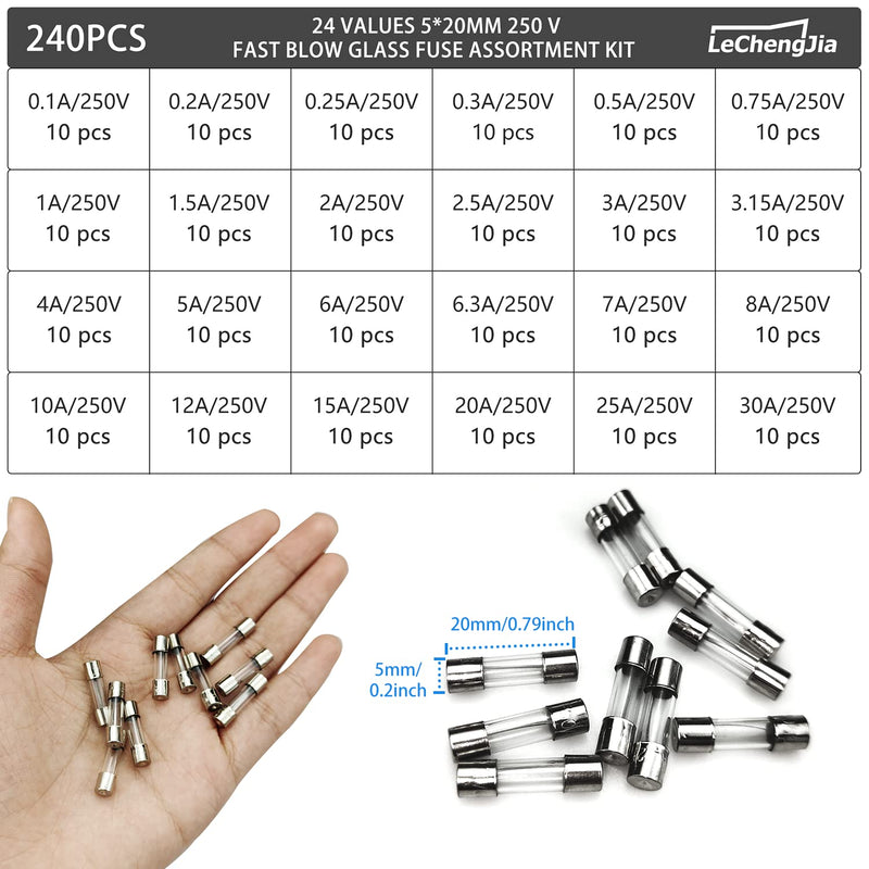 240 piece 5x20mm 250V glass fuse assortment with clear plastic box