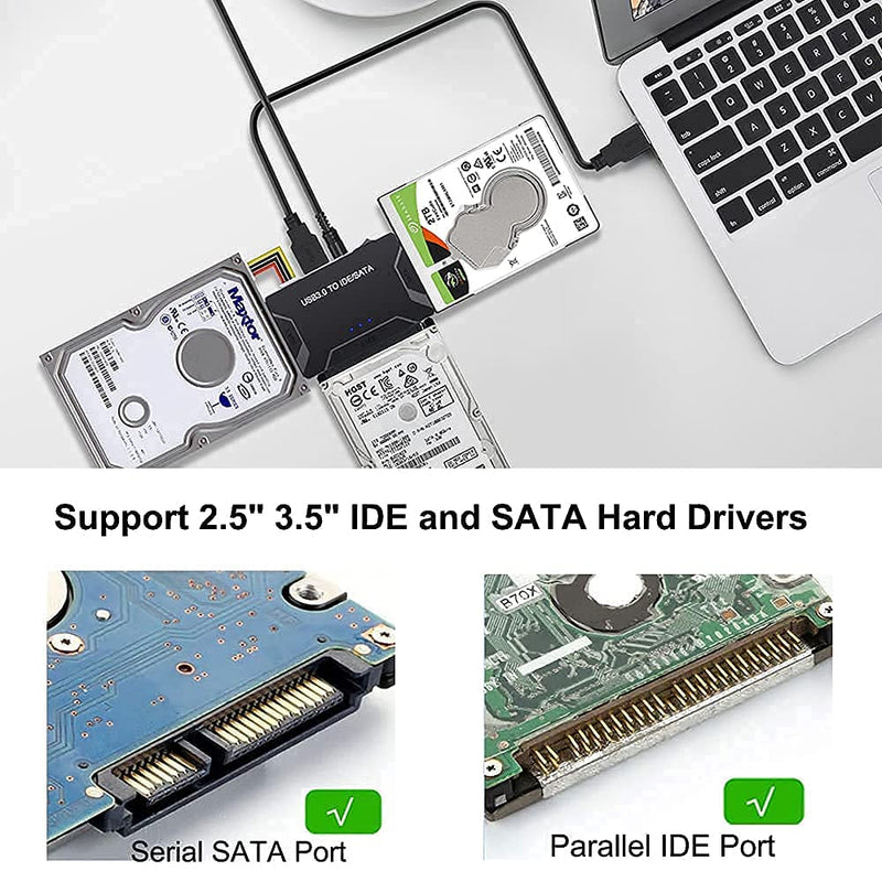 USB 3.0 to IDE/SATA Hard Drive Adapter, External Converter for 2.5" 3.5" IDE SATA HDD SSD DVD Optical Drive Data Transfer, Comes with 12V 2A Power Supply Support 6TB