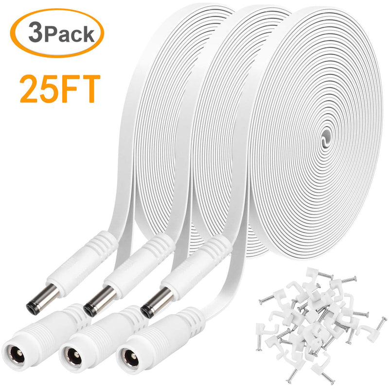 3 Pack DC Power Extension Cable 25ft 2.1mm x 5.5mm Compatible with 12V DC Adapter Cord for CCTV IP Camera, LED, Car, White
